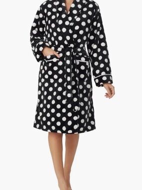 kate spade Black & Pink  Polka Dot Plush Bath Robe